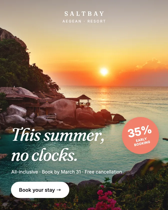 Example Meta ad for Saltbay Resort (hotel & travel): “This summer, no clocks.”