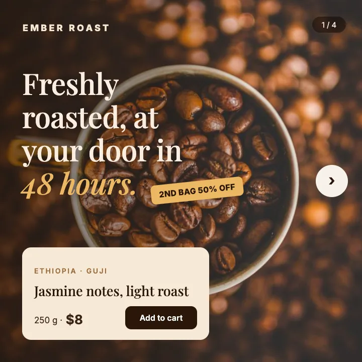 Example Meta ad for Ember Roast (coffee): “Freshly roasted, at your door in 48 hours.”