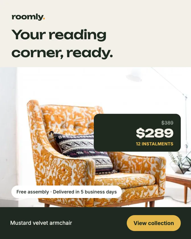 Example Google ad for Roomly Home (furniture & home): “Your reading corner, ready.”