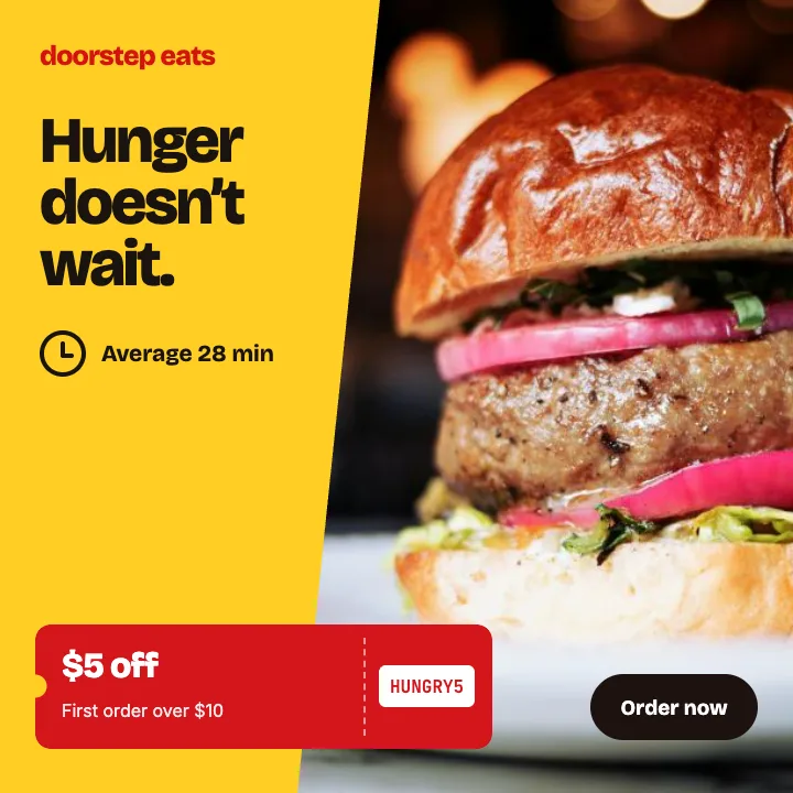 Example Meta ad for Doorstep Eats (food delivery): “Hunger doesn’t wait.”