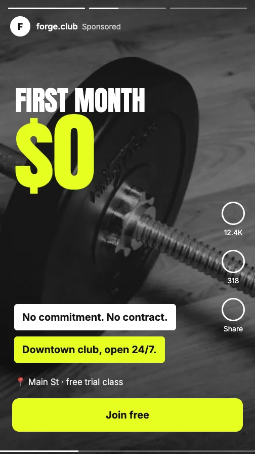 Example Meta ad for Forge Club (fitness): “First month: $0.”
